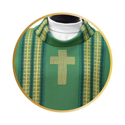 Handwoven chasuble green with inlay gold thread crosses. 100% Wool