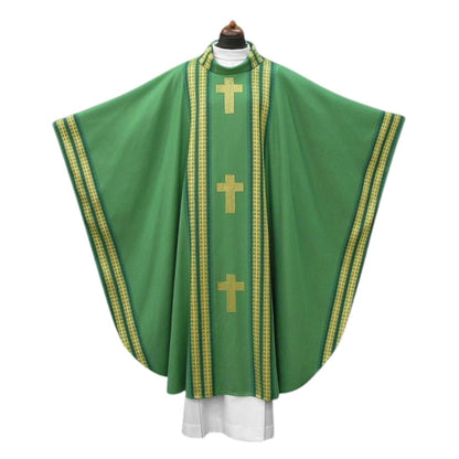 Handwoven chasuble green with inlay gold thread crosses. 100% Wool