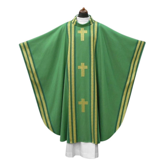 Handwoven chasuble green with inlay gold thread crosses. 100% Wool