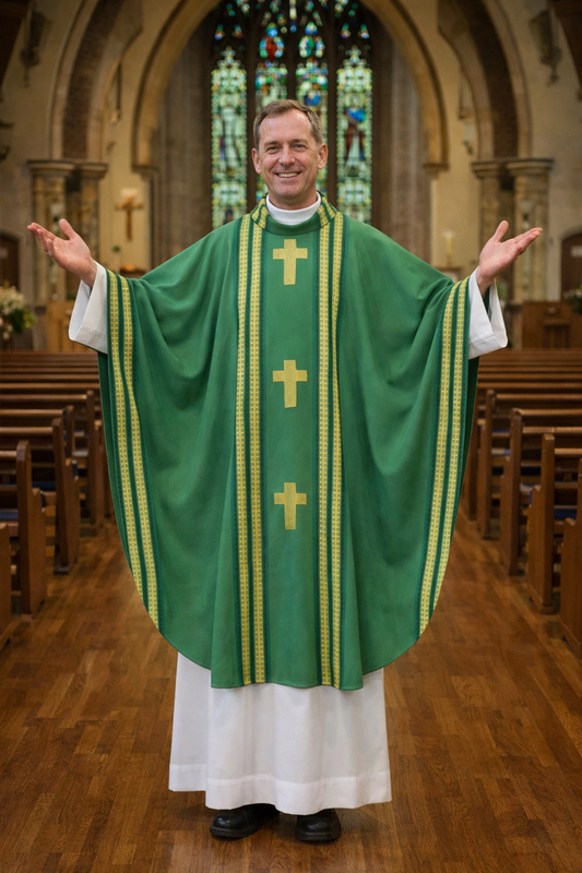 Priest in green vestment with gold crosses standing in a church nave.