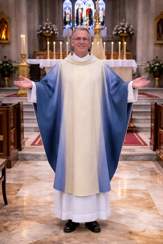 Priest wearing a Gothic Marian handwoven chasuble in a church setting with stained glass windows and altar decorations.