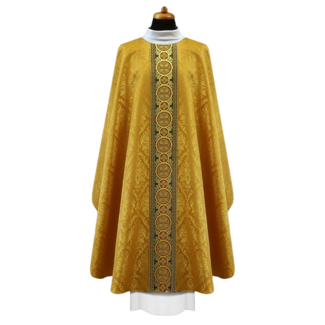 Chasuble brocade with brocade bands on lightweight damask. No collar, Made in Poland and sold by The Clergy Store
