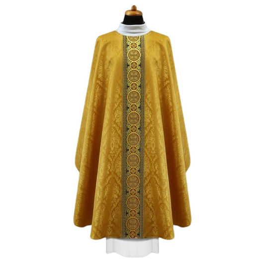 Chasuble brocade with brocade bands on lightweight damask. No collar, Made in Poland and sold by The Clergy Store