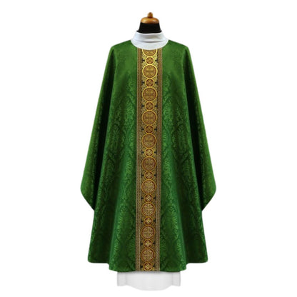 Chasuble green with brocade bands on lightweight damask. No collar, Made in Poland and sold by The Clergy Store