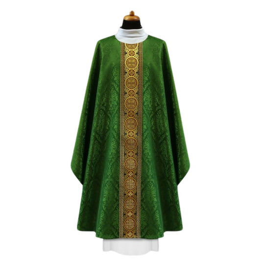 Chasuble green with brocade bands on lightweight damask. No collar, Made in Poland and sold by The Clergy Store