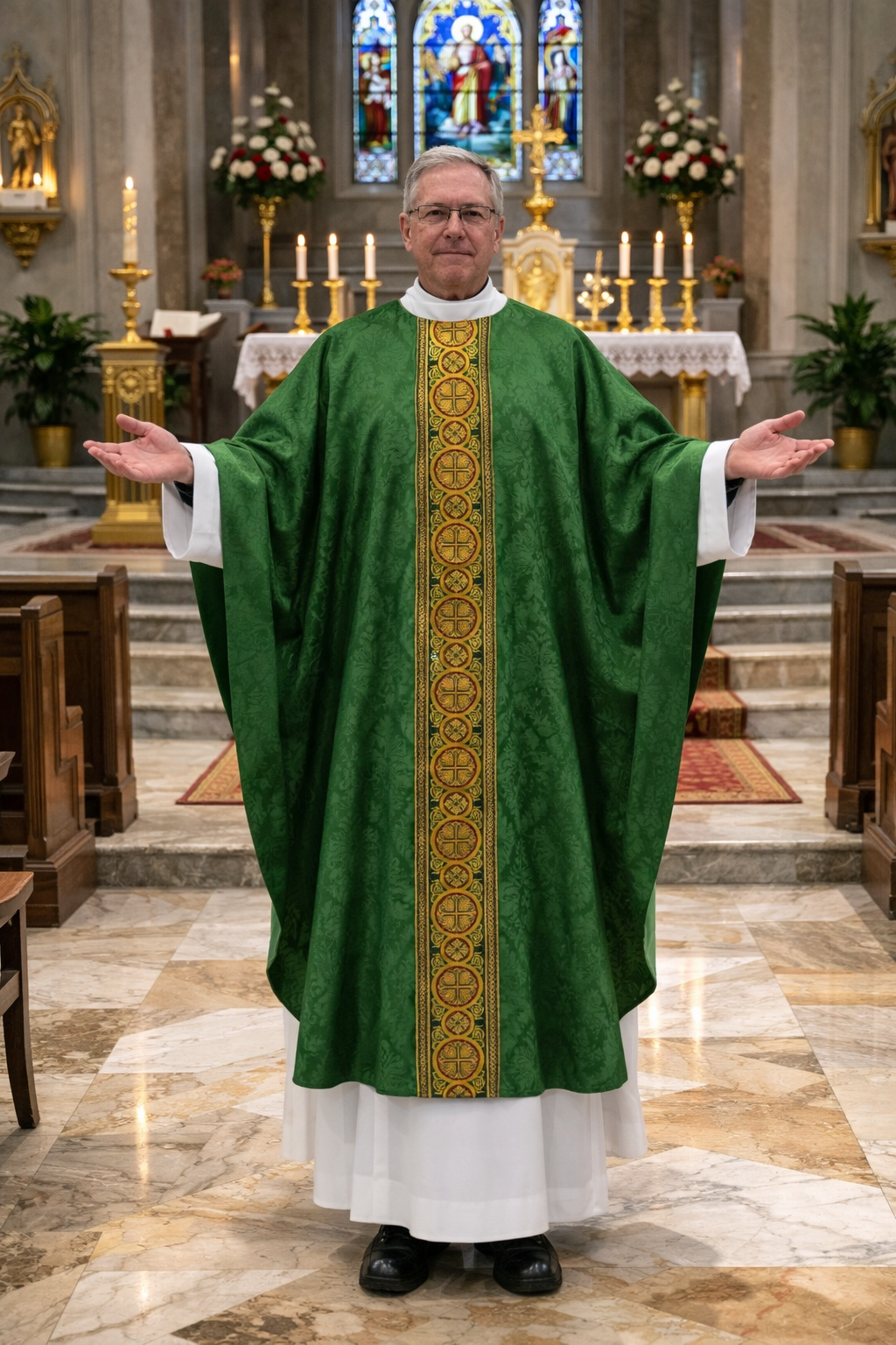 Gothic chasuble green with brocade bands on lightweight damask. No collar, Made in Poland and sold by The Clergy Store