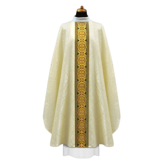 Chasuble ivory with brocade bands on lightweight damask. No collar, Made in Poland and sold by The Clergy Store