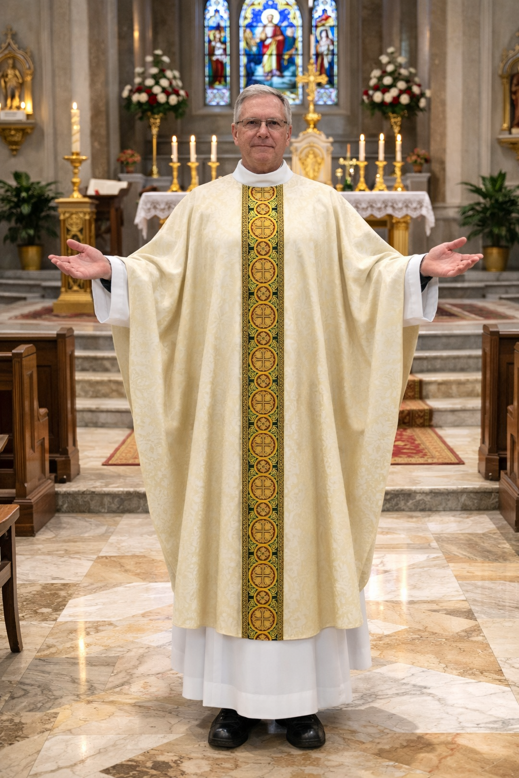 Gothic chasuble ivory with brocade bands on lightweight damask. No collar, Made in Poland and sold by The Clergy Store