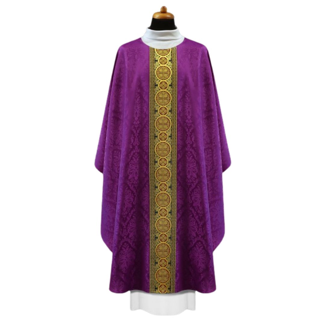 Chasuble purple with brocade bands on lightweight damask. No collar, Made in Poland and sold by The Clergy Store