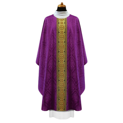 Chasuble purple with brocade bands on lightweight damask. No collar, Made in Poland and sold by The Clergy Store