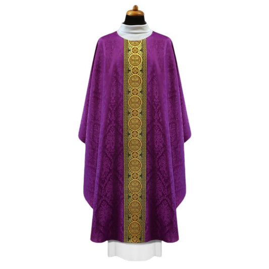 Chasuble purple with brocade bands on lightweight damask. No collar, Made in Poland and sold by The Clergy Store