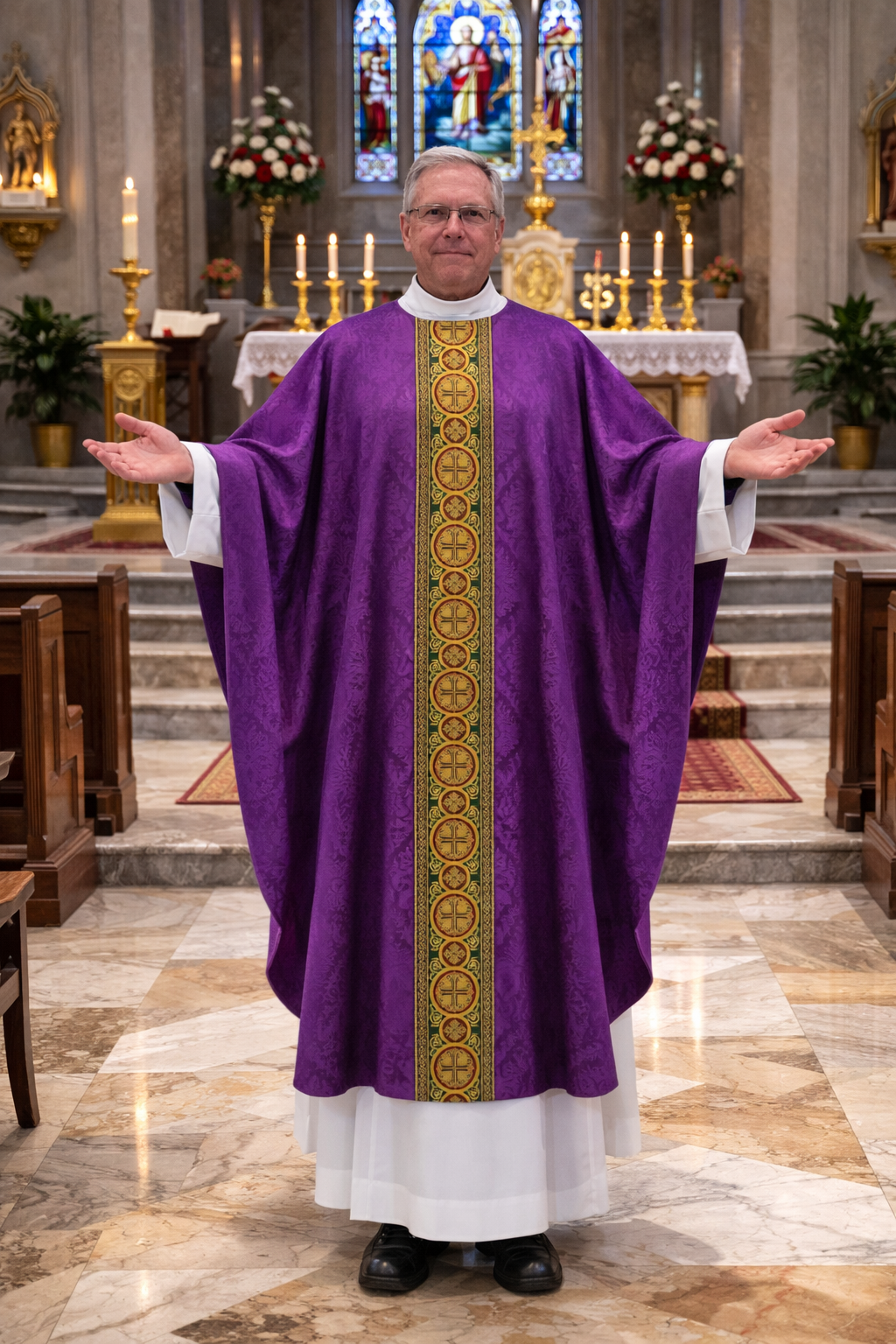 Gothic chasuble purple with brocade bands on lightweight damask. No collar, Made in Poland and sold by The Clergy Store