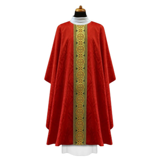 Chasuble red with brocade bands on lightweight damask. No collar, Made in Poland and sold by The Clergy Store
