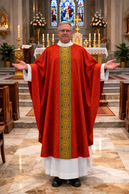 Gothic chasuble red with brocade bands on lightweight damask. No collar, Made in Poland and sold by The Clergy Store