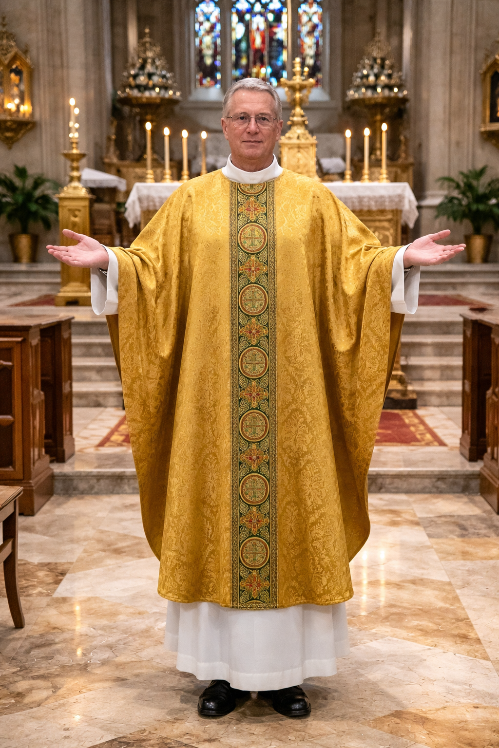  Gothic chasuble gold with brocade bands on lightweight damask. No collar, Made in Poland and sold by The Clergy Store