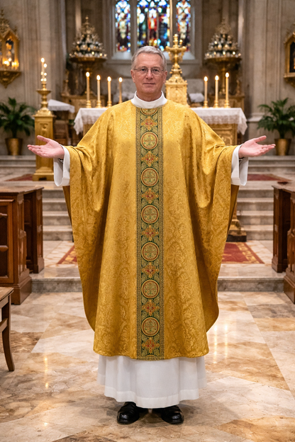  Gothic chasuble gold with brocade bands on lightweight damask. No collar, Made in Poland and sold by The Clergy Store