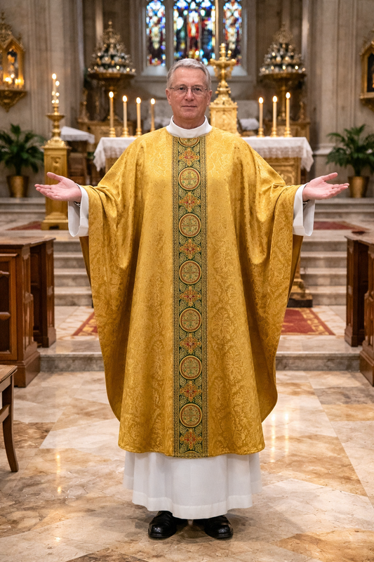  Gothic chasuble gold with brocade bands on lightweight damask. No collar, Made in Poland and sold by The Clergy Store
