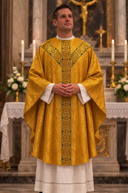 St. Andrew's gothic lightweight damask chasuble with brocade bands. No collar.