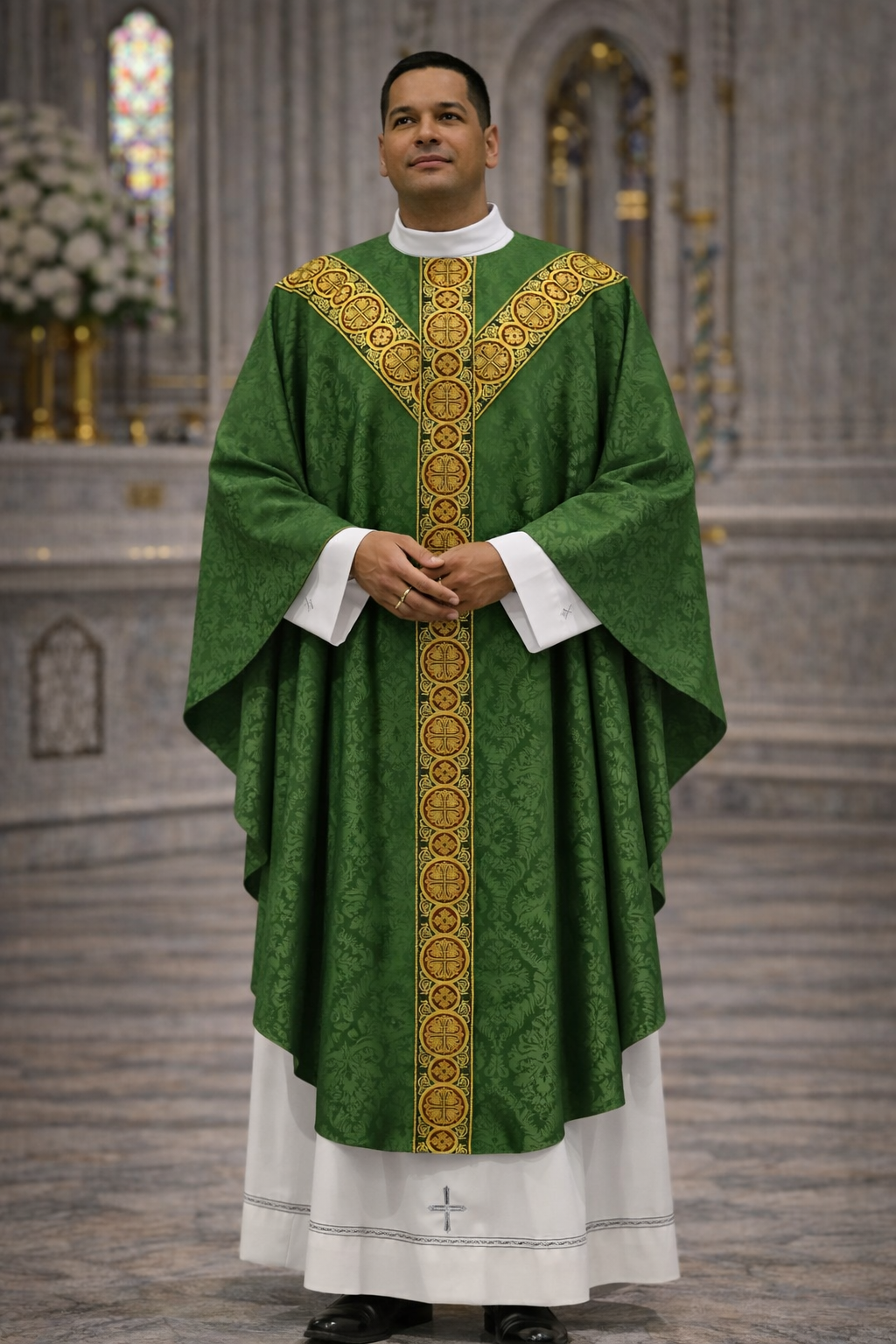St. Andrew's gothic lightweight damask chasuble with brocade bands. No collar.