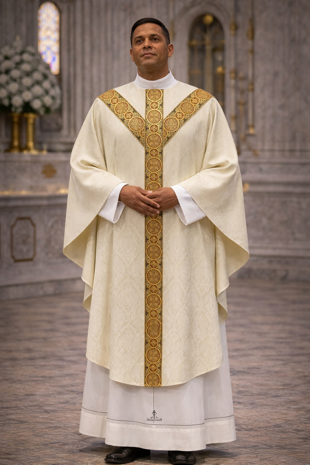 St. Andrew's gothic lightweight damask chasuble with brocade bands. No collar.