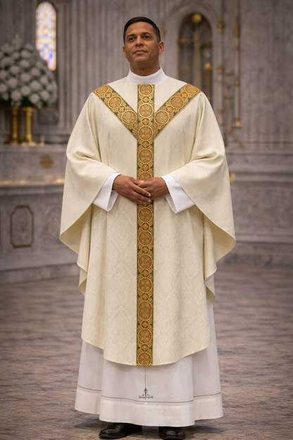 St. Andrew's gothic lightweight damask chasuble with brocade bands. No collar.