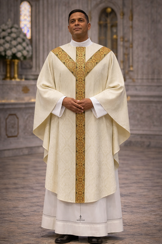 St. Andrew's gothic lightweight damask chasuble with brocade bands. No collar.