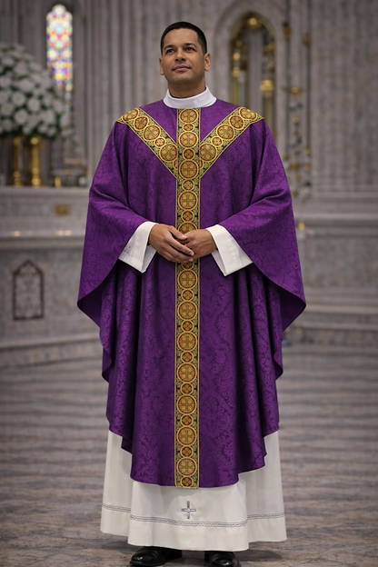 St. Andrew's gothic lightweight damask chasuble with brocade bands. No collar.