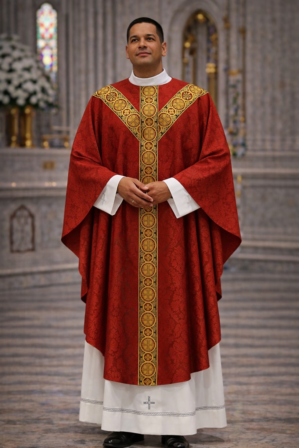 St. Andrew's gothic lightweight damask chasuble with brocade bands. No collar.