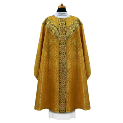 Chasuble brocade with Y shape brocade bands on lightweight damask. No collar, Made in Poland and sold by The Clergy Store