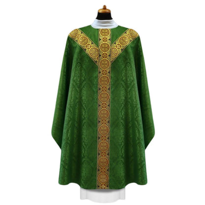 Chasuble brocade with Y shape brocade bands on lightweight damask. No collar, Made in Poland and sold by The Clergy Store
