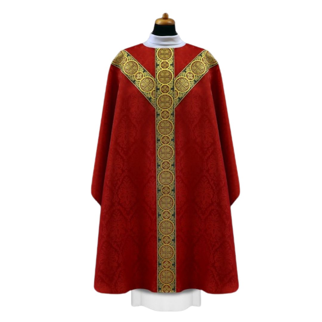 Chasuble brocade with Y shape brocade bands on lightweight damask. No collar, Made in Poland and sold by The Clergy Store