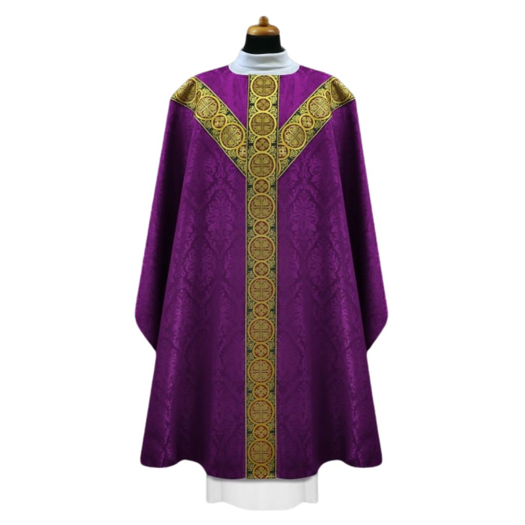 Chasuble brocade with Y shape brocade bands on lightweight damask. No collar, Made in Poland and sold by The Clergy Store