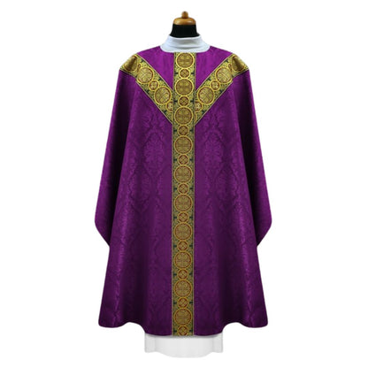 Chasuble brocade with Y shape brocade bands on lightweight damask. No collar, Made in Poland and sold by The Clergy Store