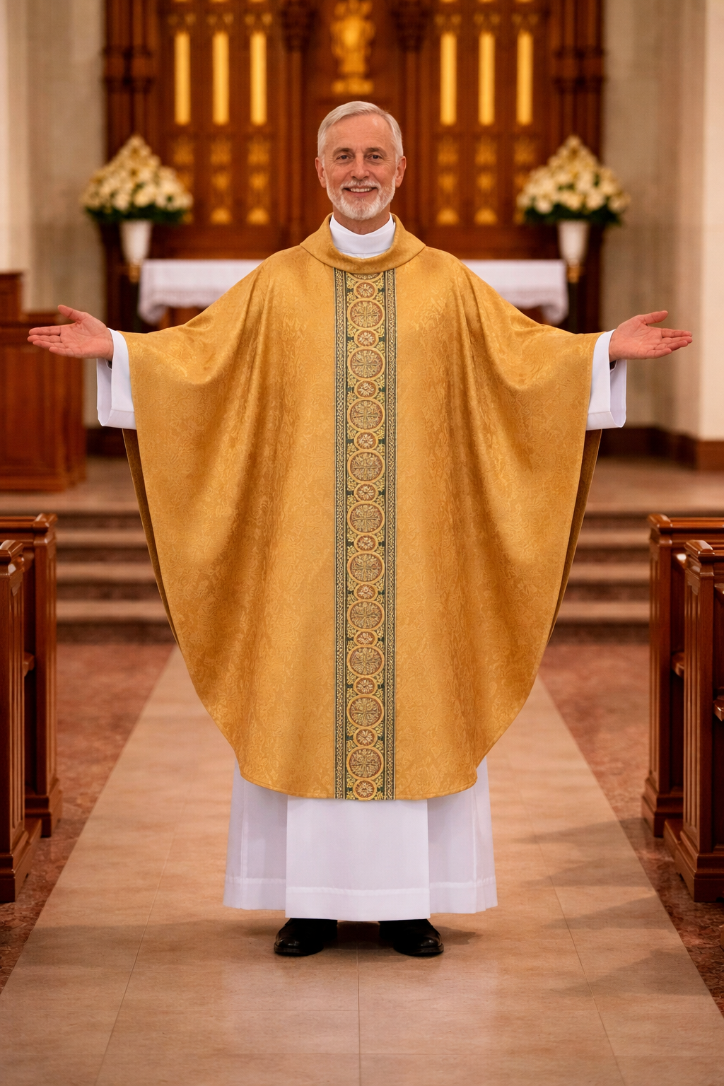 Priest in a gold liturgical vestment standing in a church aisle.