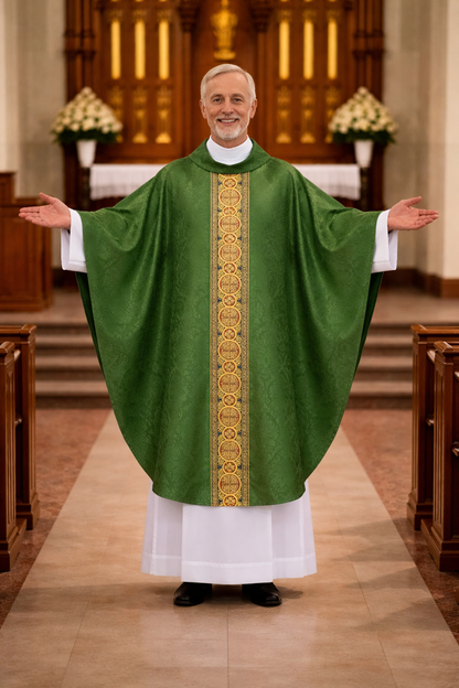 Priest in a green liturgical vestment with gold embroidery in a church setting