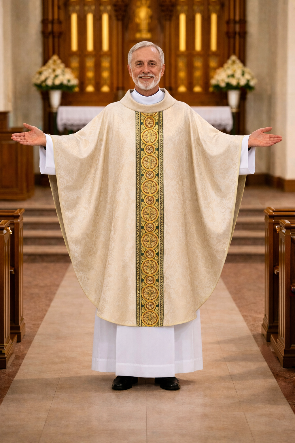 Priest in liturgical vestment standing in a church aisle