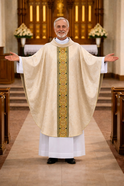 Priest in liturgical vestment standing in a church aisle