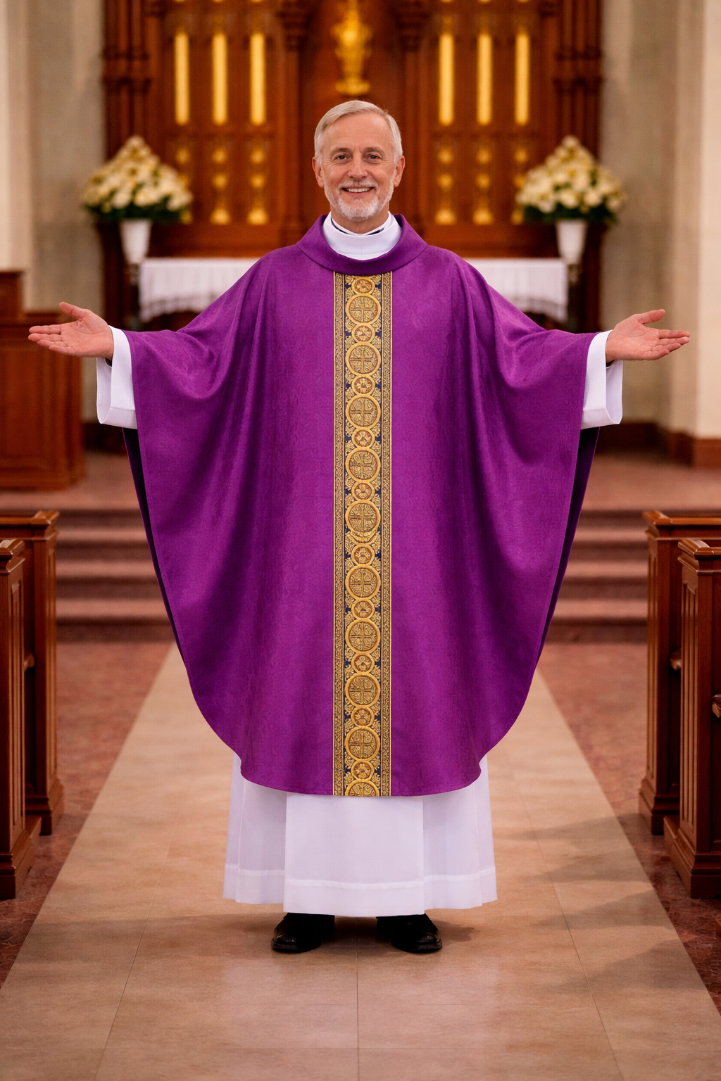 Priest in purple vestment with gold embroidery standing in a church.