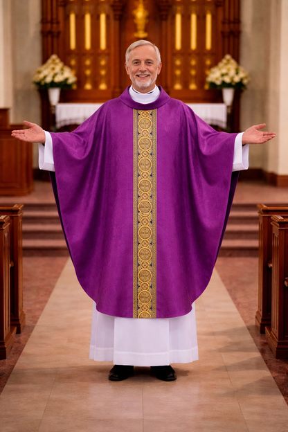 Priest in purple vestment with gold embroidery standing in a church.