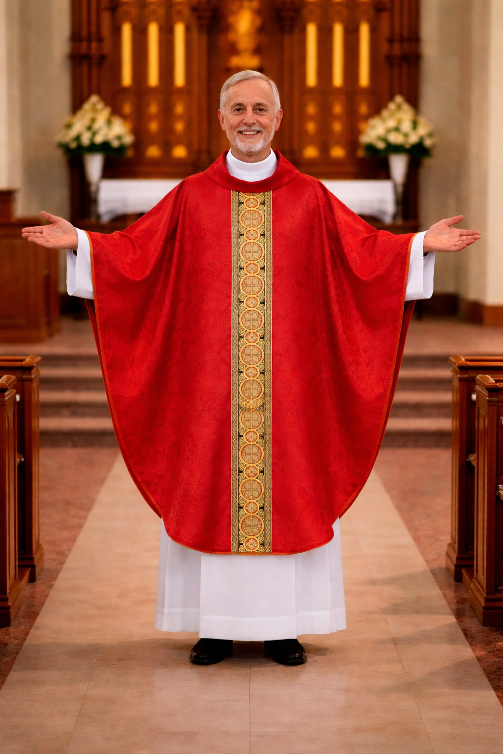 Priest in red liturgical vestment with gold embroidery in a church setting