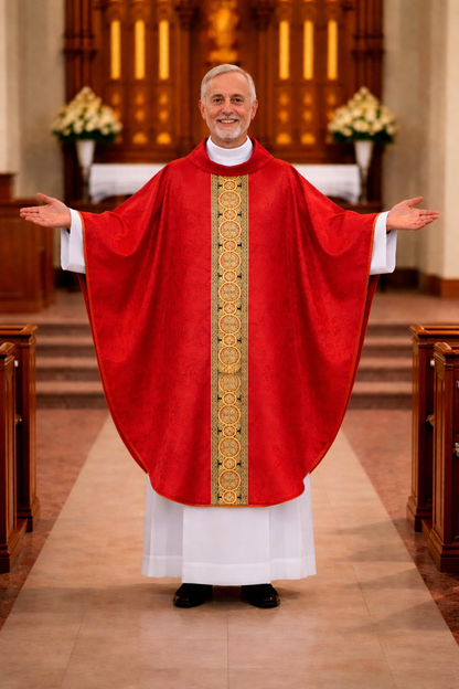Priest in red liturgical vestment with gold embroidery in a church setting