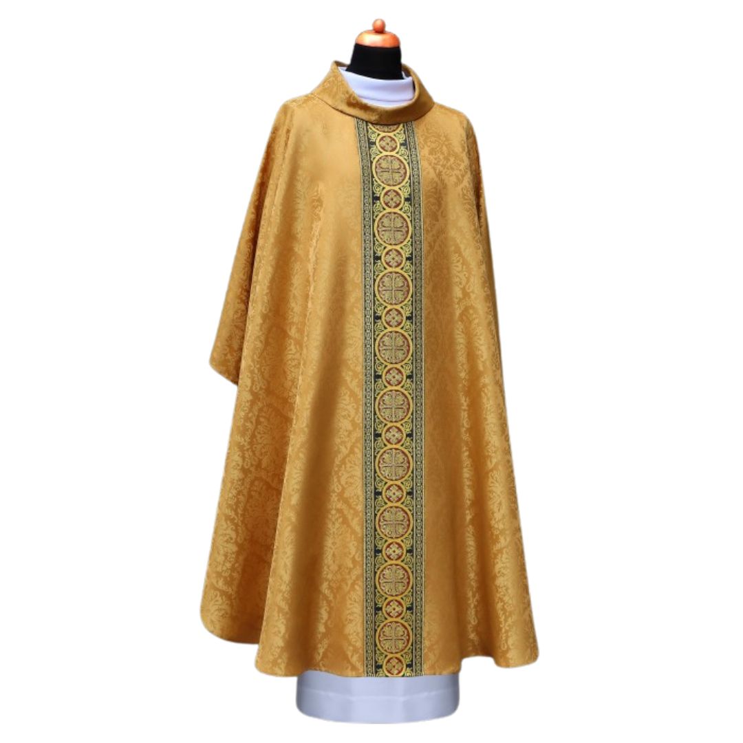 Chasuble brocade with brocade bands on lightweight damask. Cowl collar, Made in Poland and sold by The Clergy Store