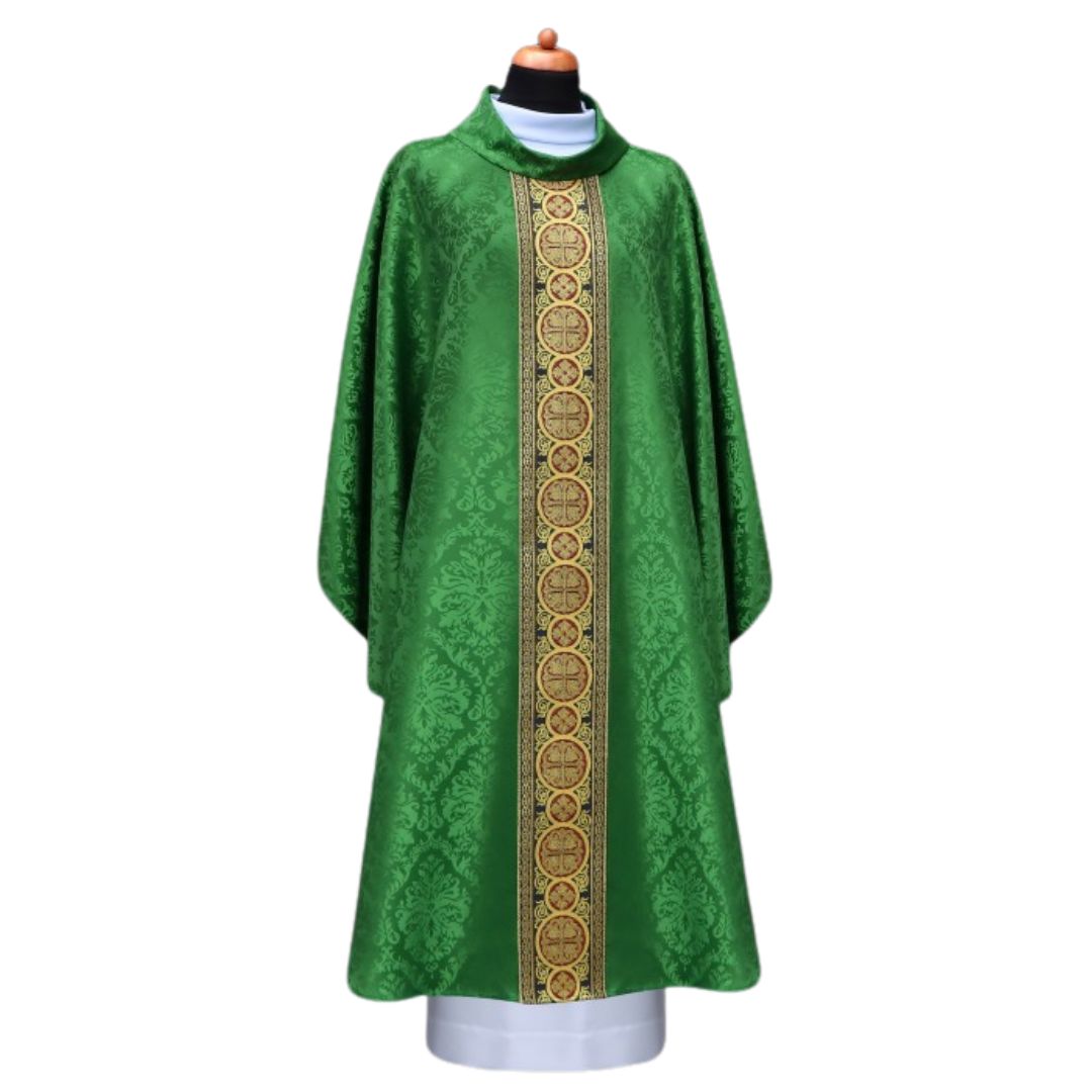 Chasuble green with brocade bands on lightweight damask. Cowl collar, Made in Poland and sold by The Clergy Store