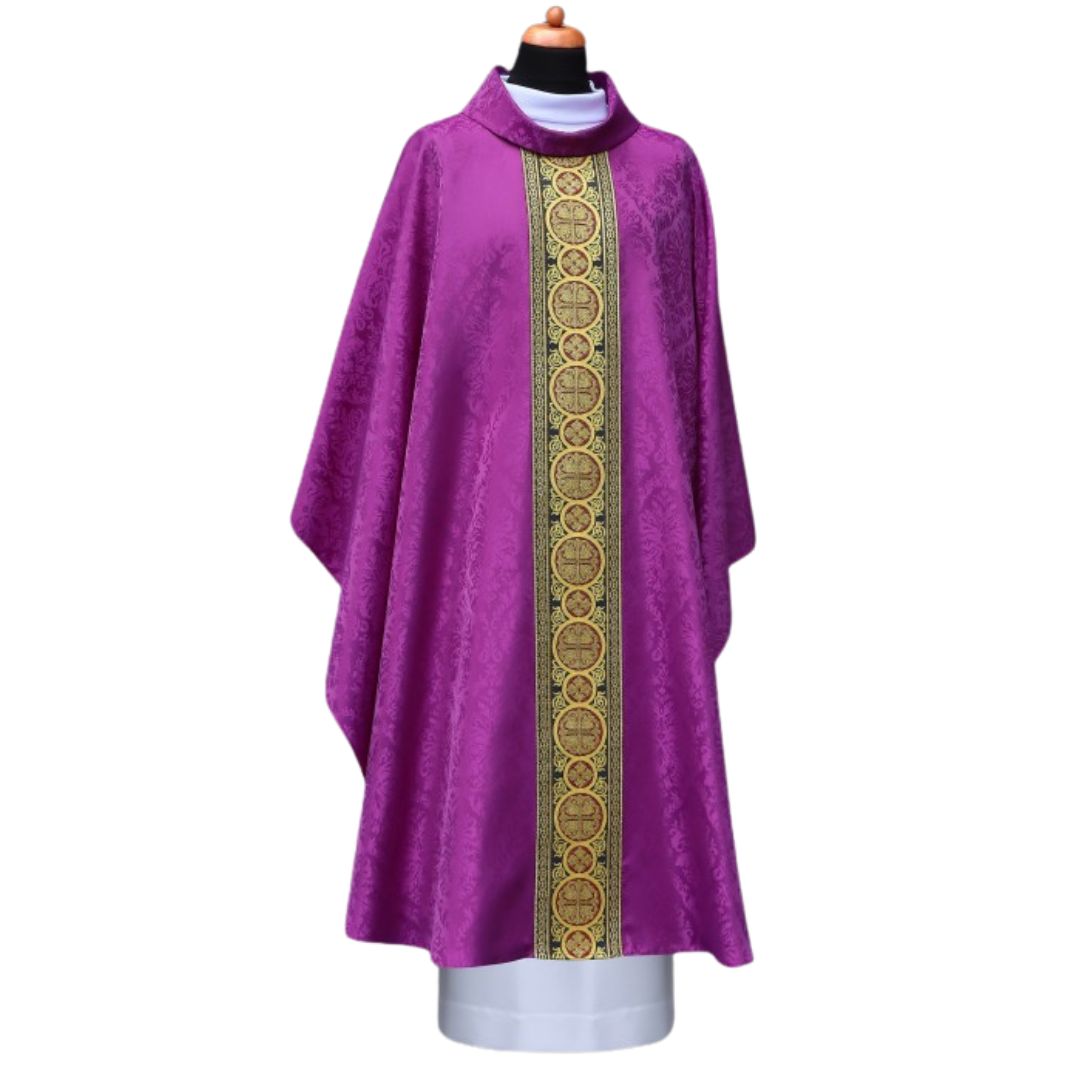 Chasuble purple with brocade bands on lightweight damask. Cowl collar, Made in Poland and sold by The Clergy Store
