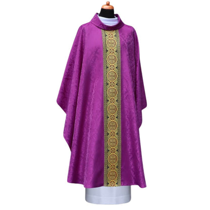 Chasuble purple with brocade bands on lightweight damask. Cowl collar, Made in Poland and sold by The Clergy Store