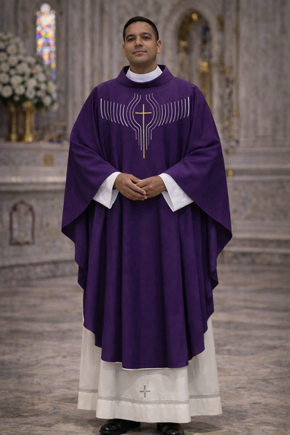 Step into timeless elegance with our handcrafted chasuble, meticulously designed in Poland. This exquisite liturgical vestment features intricate gembroidery, combining traditional craftsmanship with modern design. Perfect for religious ceremonies, this chasuble offers unparalleled comfort and durability. Whether you seek a vestment for daily service or special occasions, our Polish-made chasuble is a masterpiece of elegance and tradition. Available exclusively at The Clergy Store.