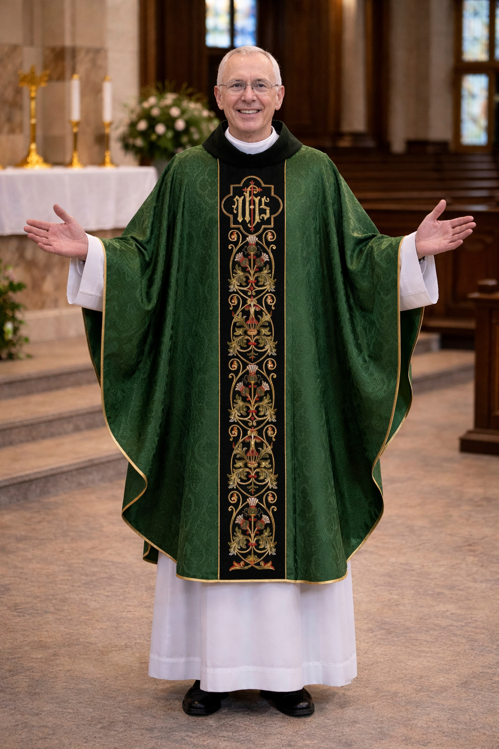 Priest in a green vestment with IHS symbol in a church setting