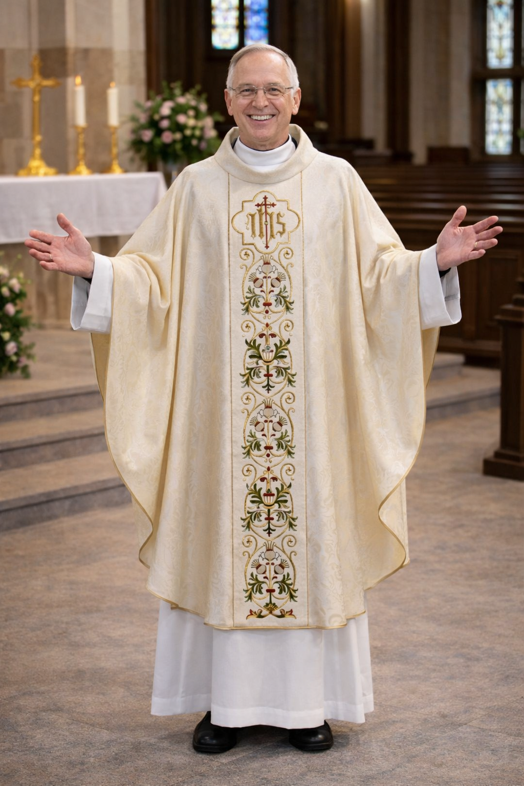 Priest in liturgical  ivory vestment with embroidered design in a church setting