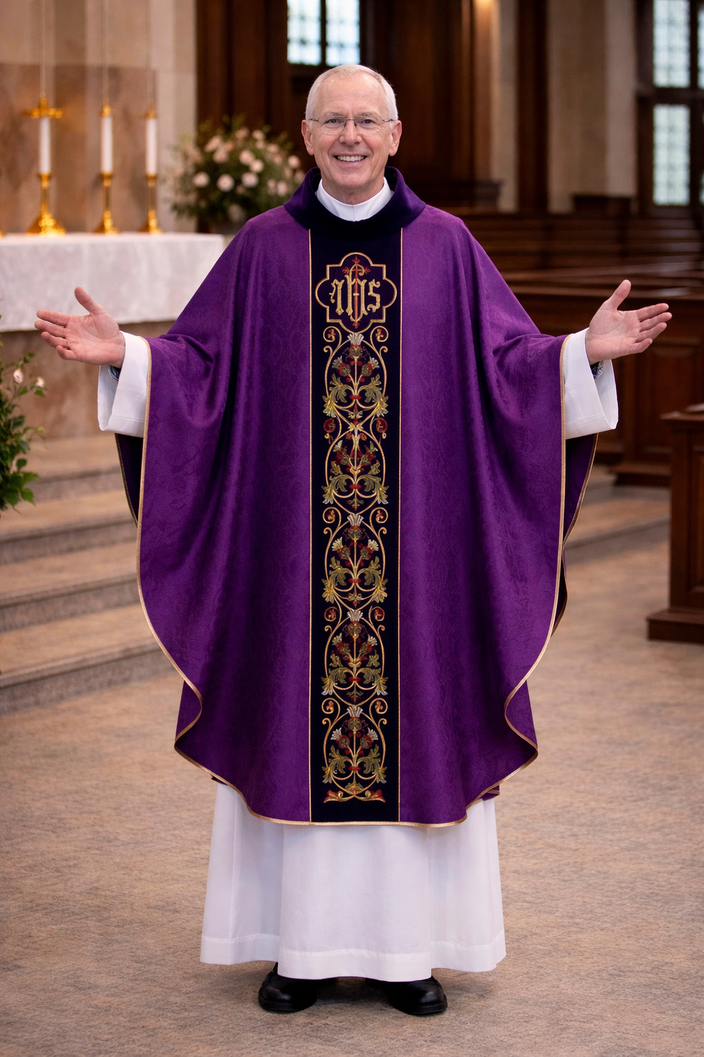 Priest in a purple vestment with gold embroidery in a church setting