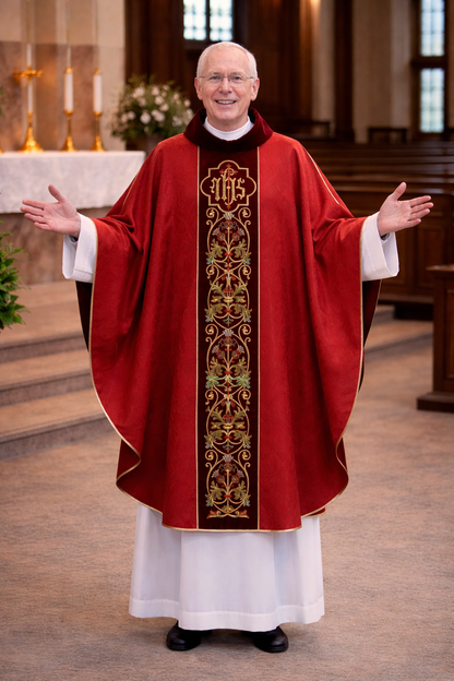 Priest in red liturgical vestment with IHS symbol in a church setting